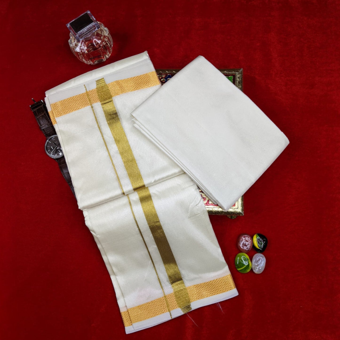 Horad Art Silk Cream 0.75” Dhoti + Shirt Material