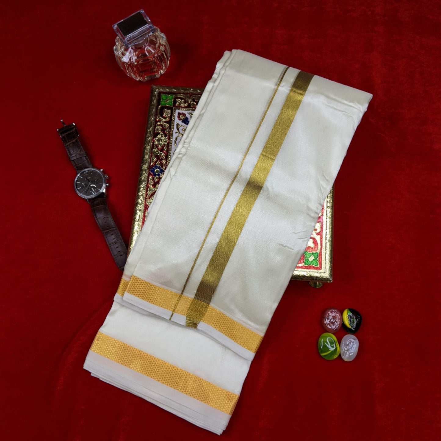 Horad Art Silk Cream 0.75” Dhoti + Shirt Material