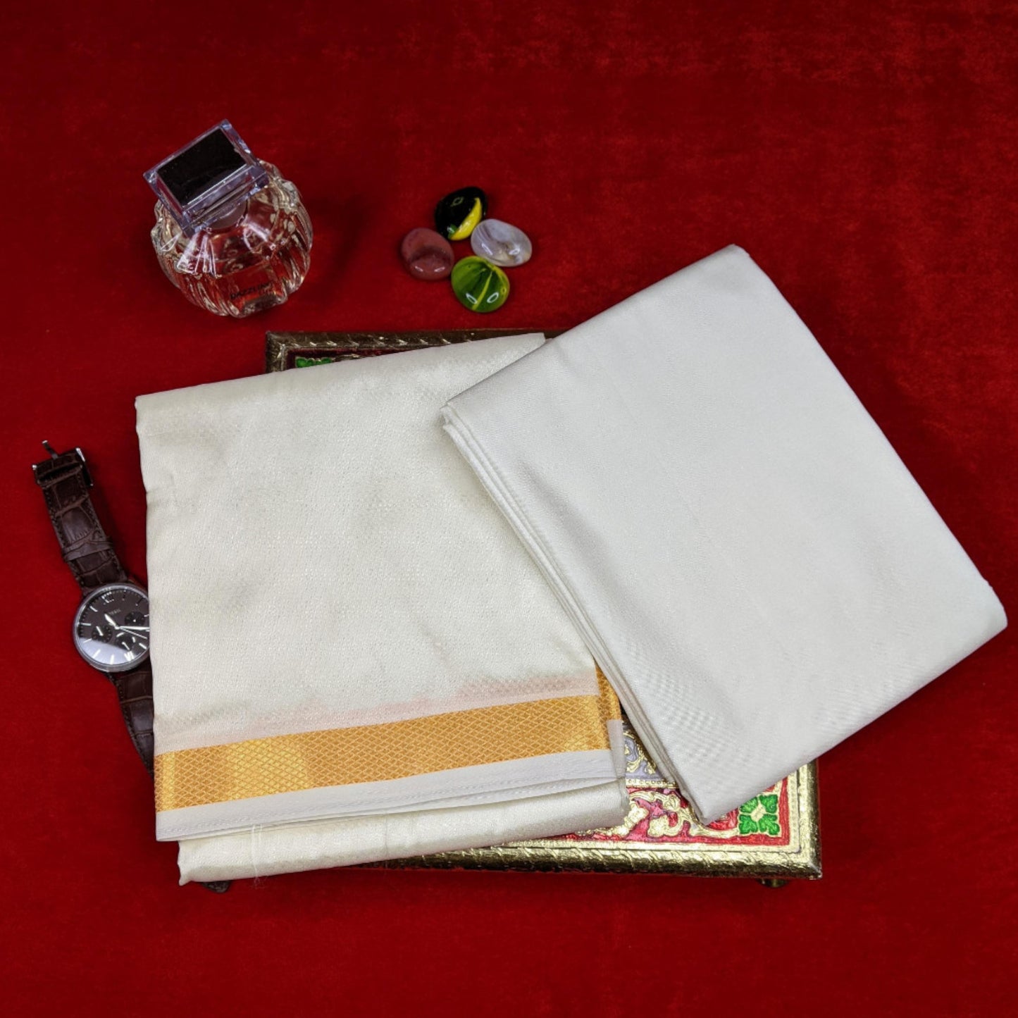 Horad Art Silk Cream 0.75” Dhoti + Shirt Material