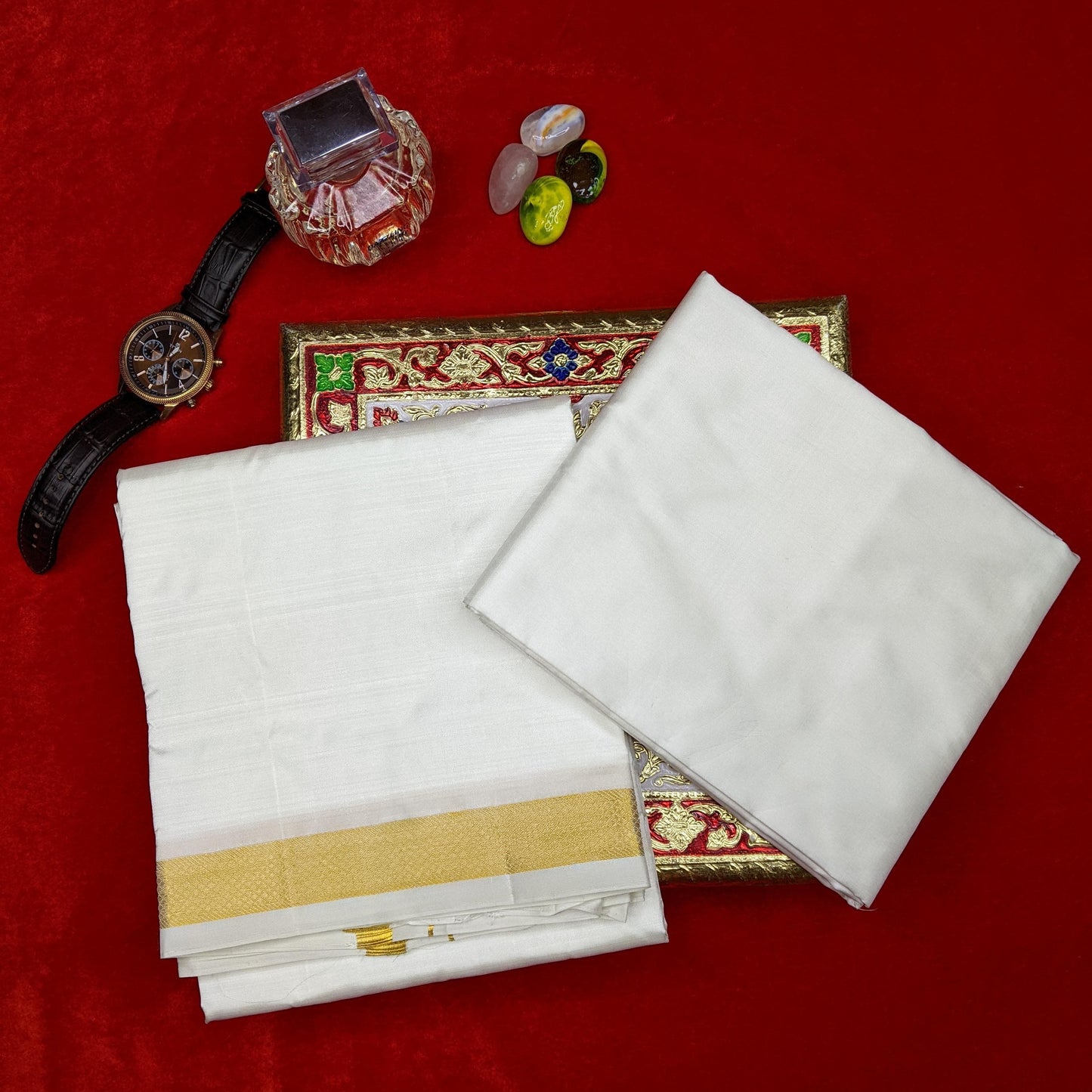 Horad Pure Silk Cream 0.75” Dhoti + Shirt Material