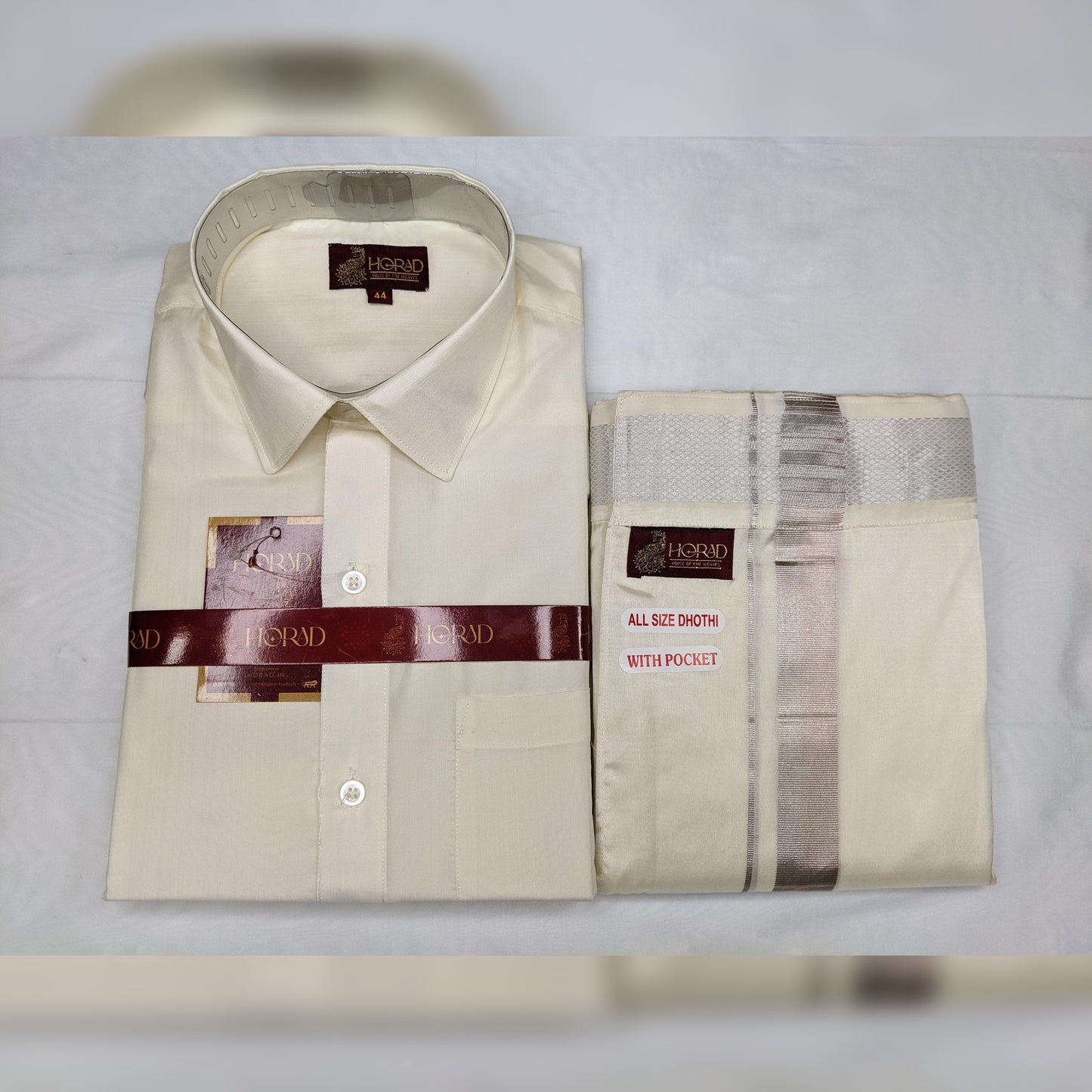 Horad Premium Art Silk Cream Shirt + Silver Zari Welcro Dhoti