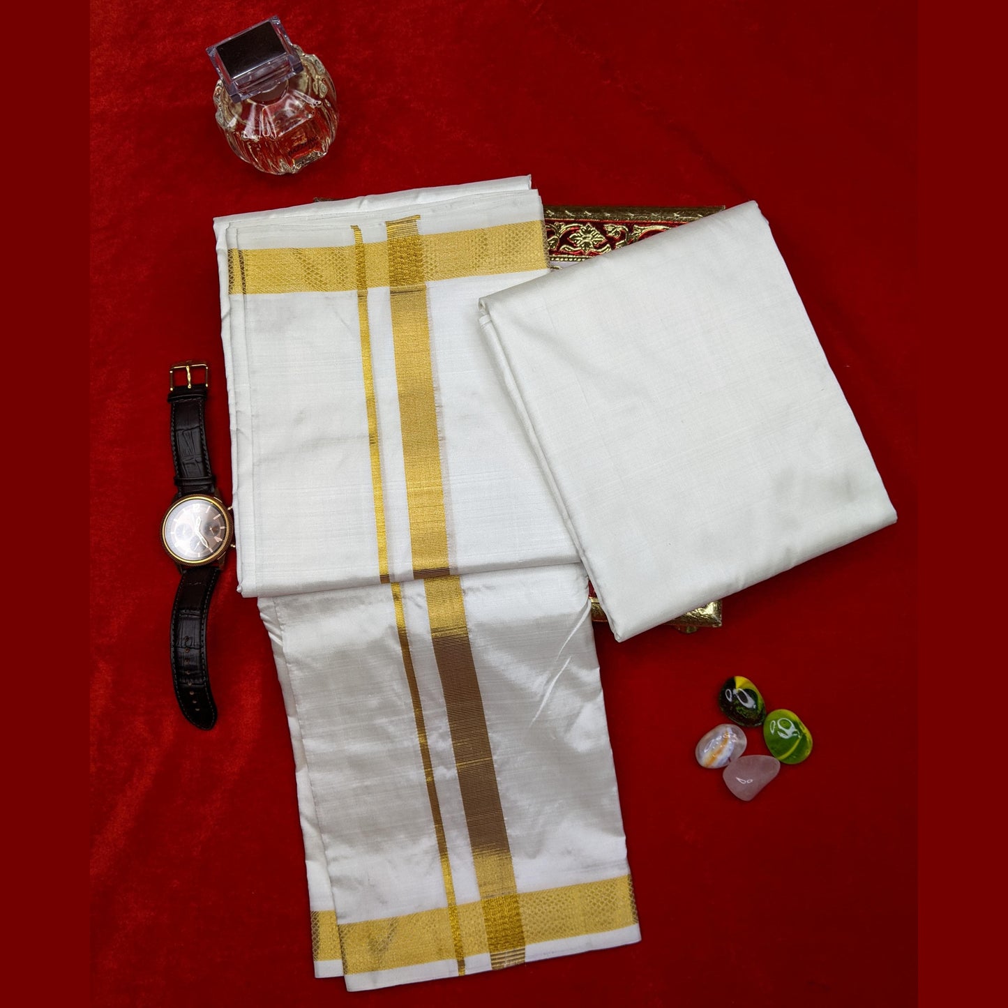 Horad Pure Silk Cream 1.00” Dhoti + Shirt Material