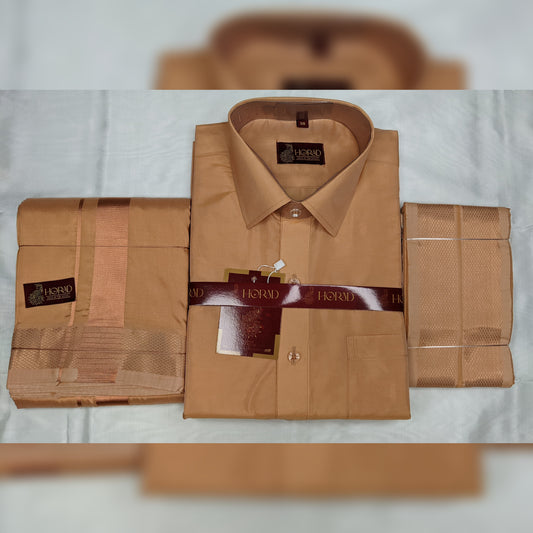 Horad Premium Art Silk Light Copper Shirt + Dhoti + Angavastram