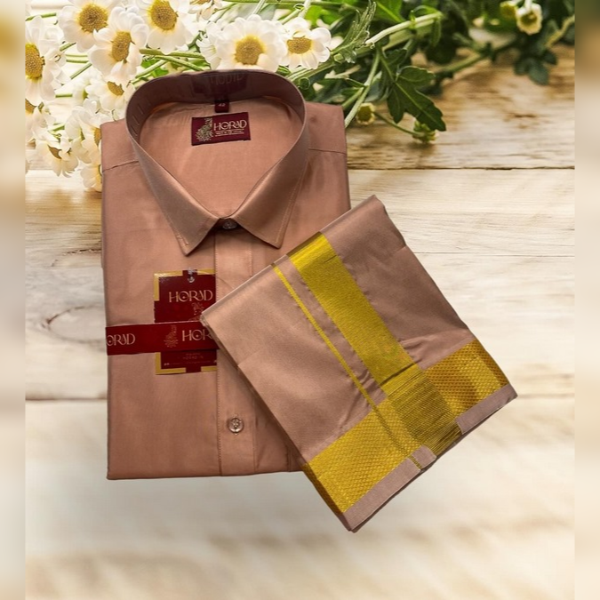 Horad Premium Art Silk Copper Shirt + Gold Zari Dhoti