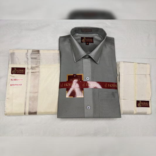 Horad Premium Art Silk Steel Grey Shirt + Silver Zari Welcro Dhoti + Angavastram