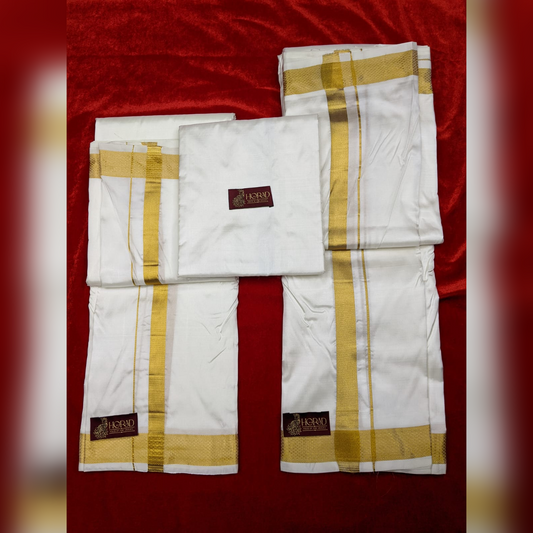 Horad Silk Blend Cream 1.25” Dhoti + Shirt Material + Angavastram