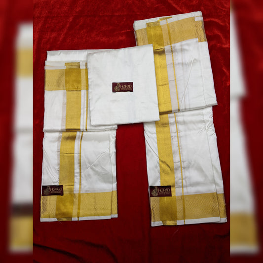 Horad Silk Blend Cream 2.00” Dhoti + Shirt Material + Angavastram