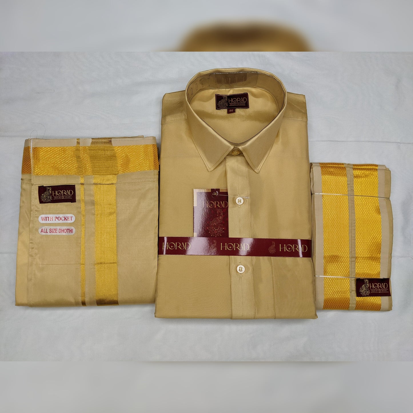 Horad Premium Art Silk Light Gold Shirt + Welcro Dhoti + Angavastram