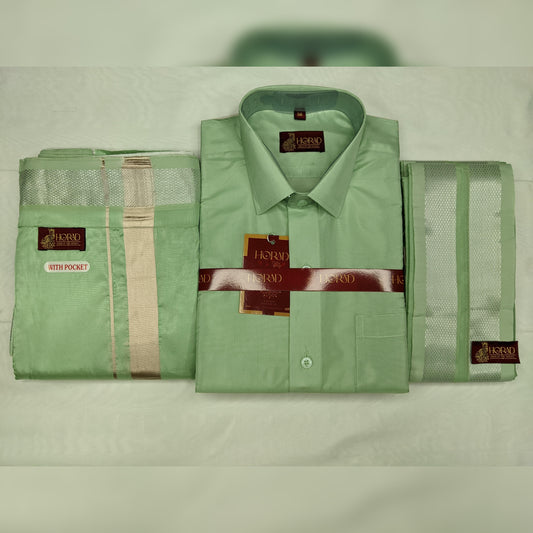 Horad Premium Art Silk Pista Green Shirt + Welcro Dhoti + Angavastram