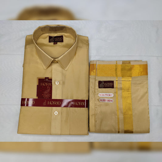 Horad Premium Art Silk Light Gold Shirt + Welcro Dhoti