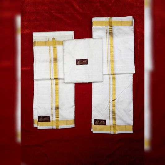 Horad Pure Silk Cream 0.75” Dhoti + Shirt Material + Angavastram