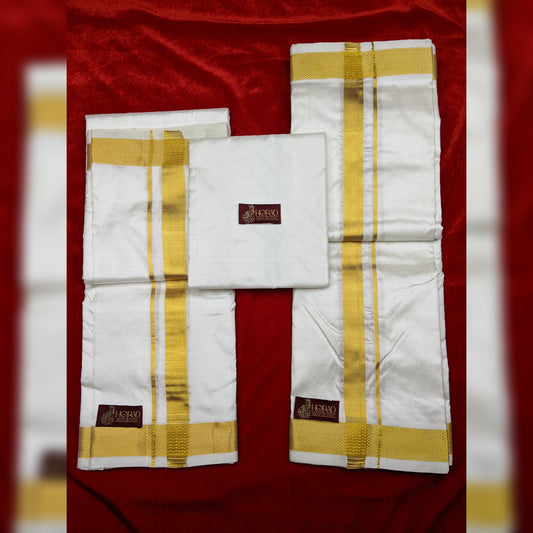 Horad Pure Silk Cream 1.50” Dhoti + Shirt Material + Angavastram