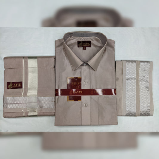 Horad Premium Art Silk Sandstone Shirt +  Dhoti +  Angavastram