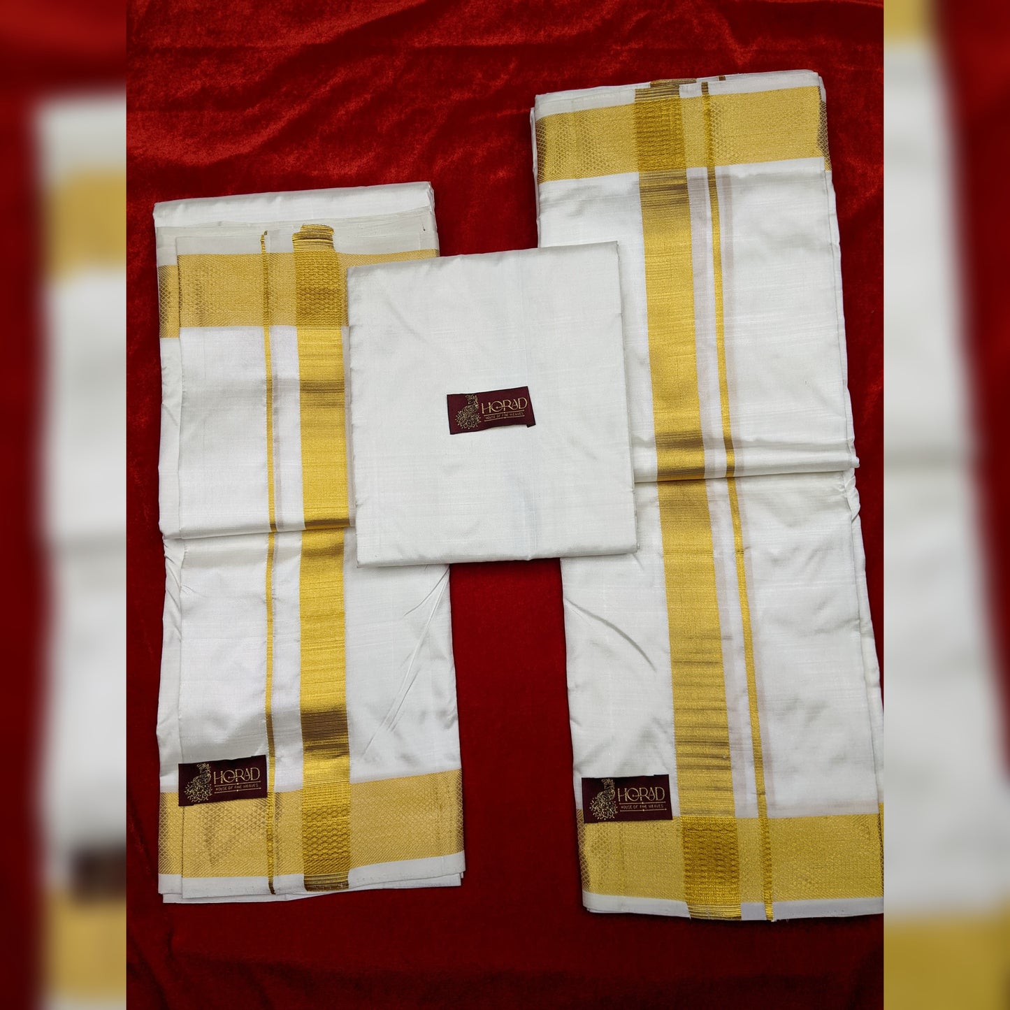 Horad Pure Silk Cream 2.00” Dhoti + Shirt Material + Angavastram