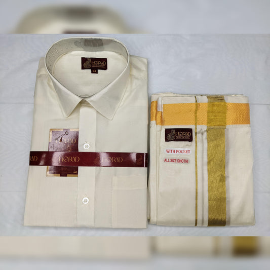 Horad Premium Art Silk Cream Shirt + Gold Zari Welcro Dhoti