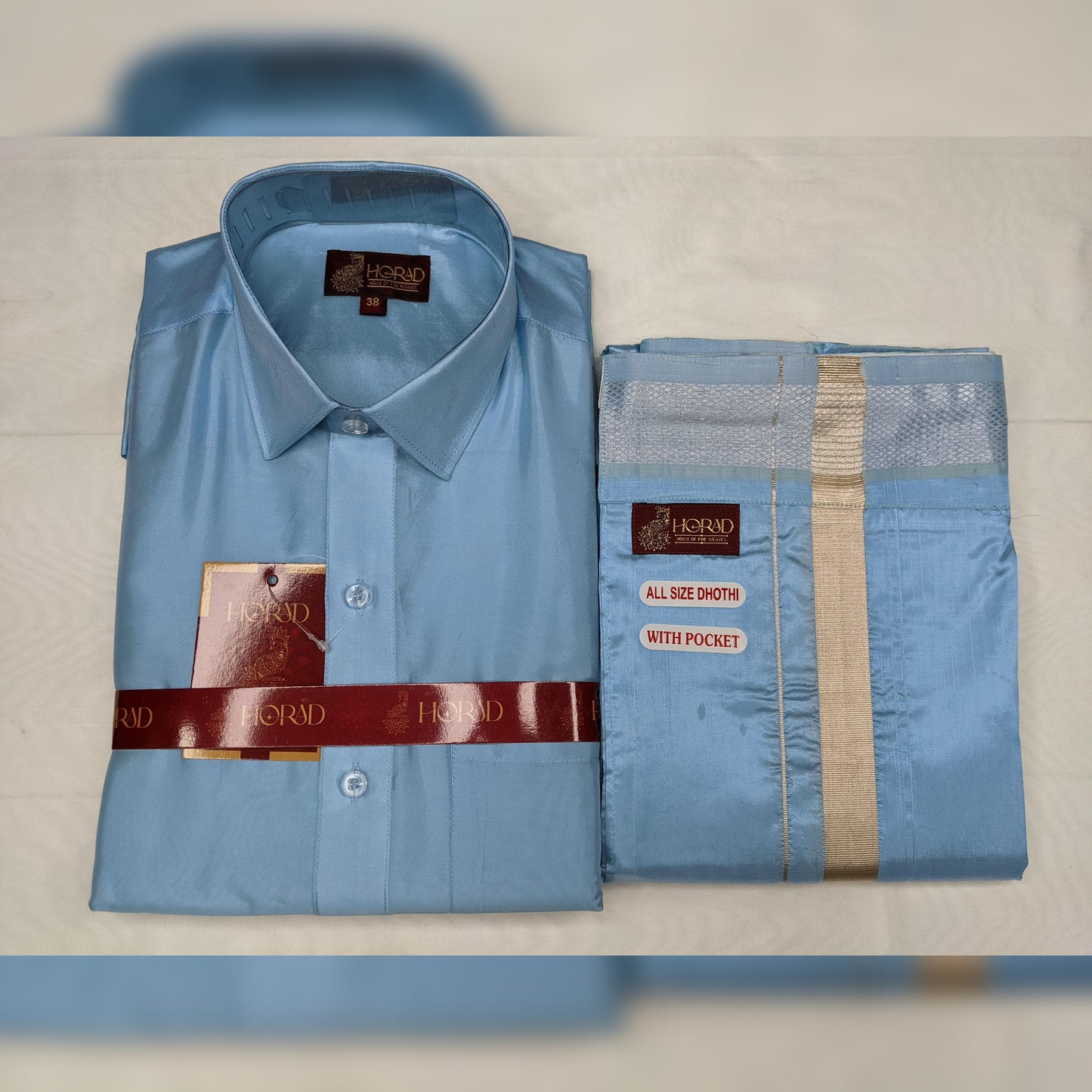 Horad Premium Art Silk Blue Shirt + Welcro Dhoti