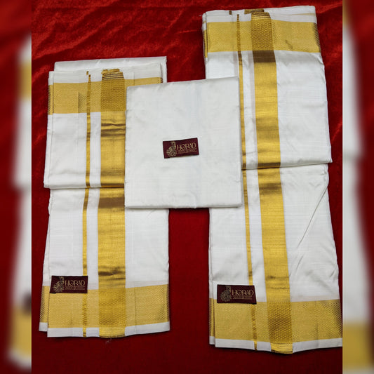 Horad Pure Silk Cream 2.50” Dhoti + Shirt Material + Angavastram