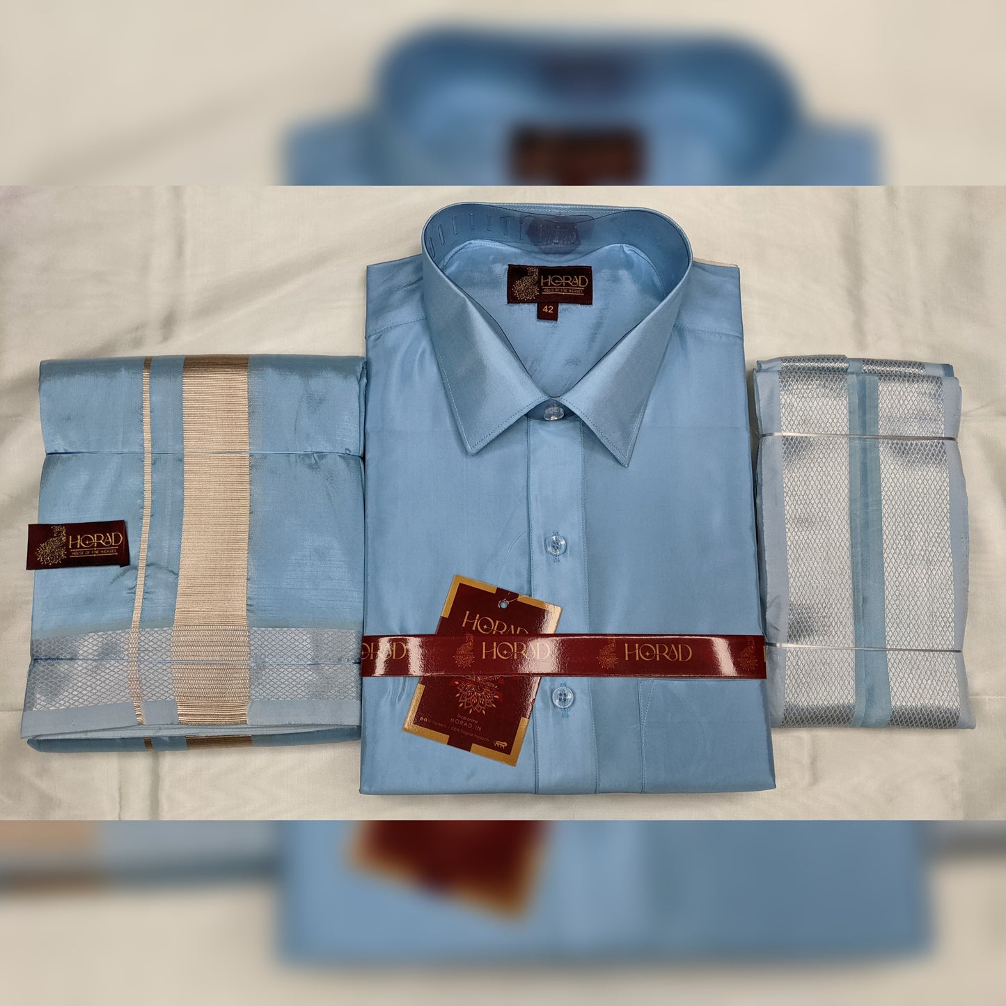 Horad Premium Art Silk Blue Shirt + Dhoti +  Angavastram