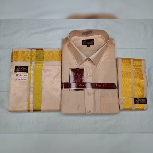 Horad Premium Art Silk Rose Gold Shirt + Welcro Dhoti + Angavastram