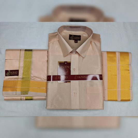 Horad Premium Art Silk Rose Gold Shirt + Dhoti +  Angavastram