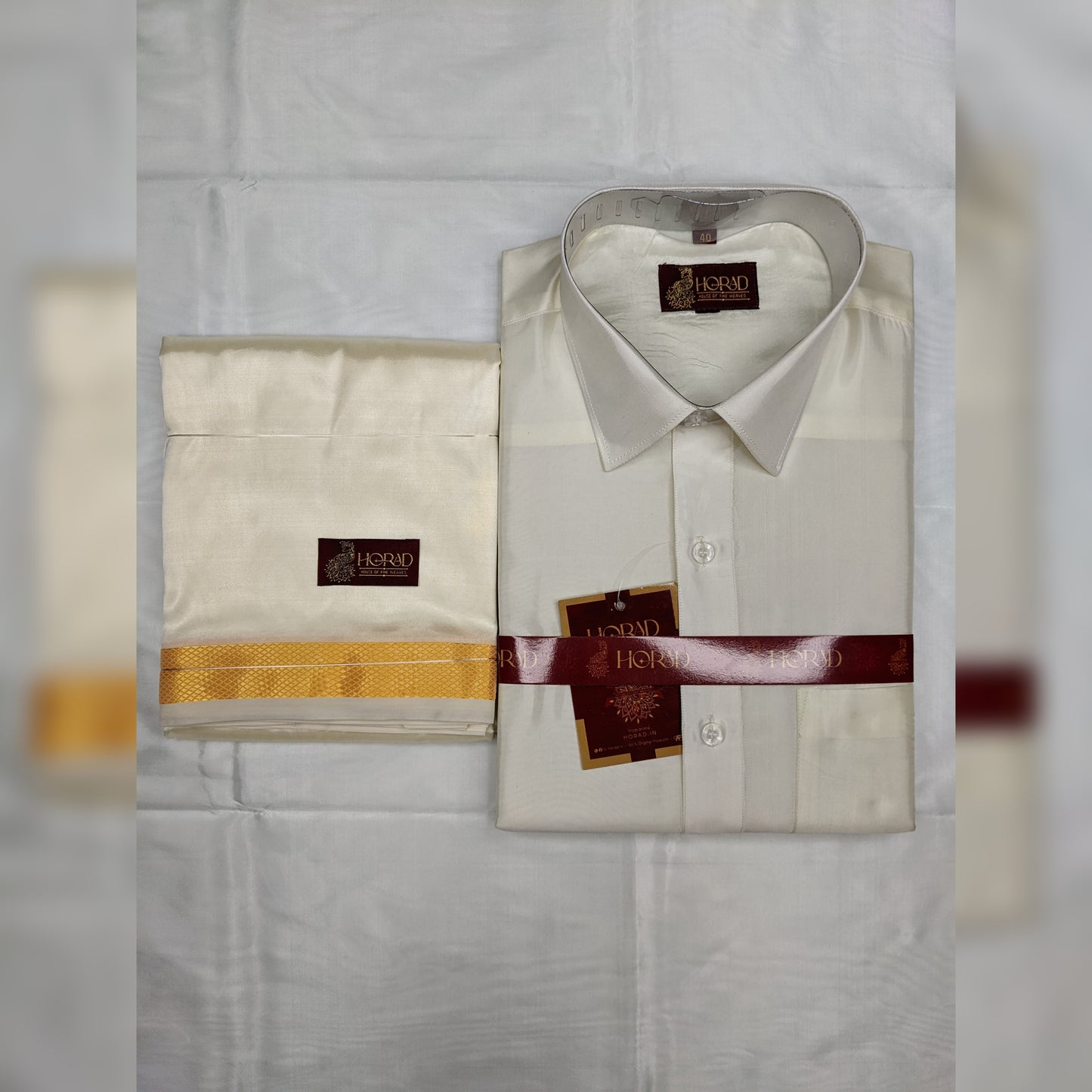 Horad Premium Art Silk Cream Shirt + Gold Zari Dhoti