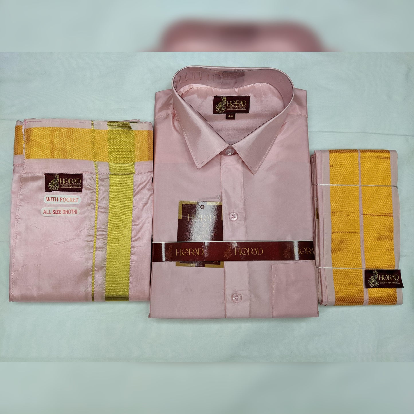 Horad Premium Art Silk Petal Pink Shirt + Welcro Dhoti + Angavastram