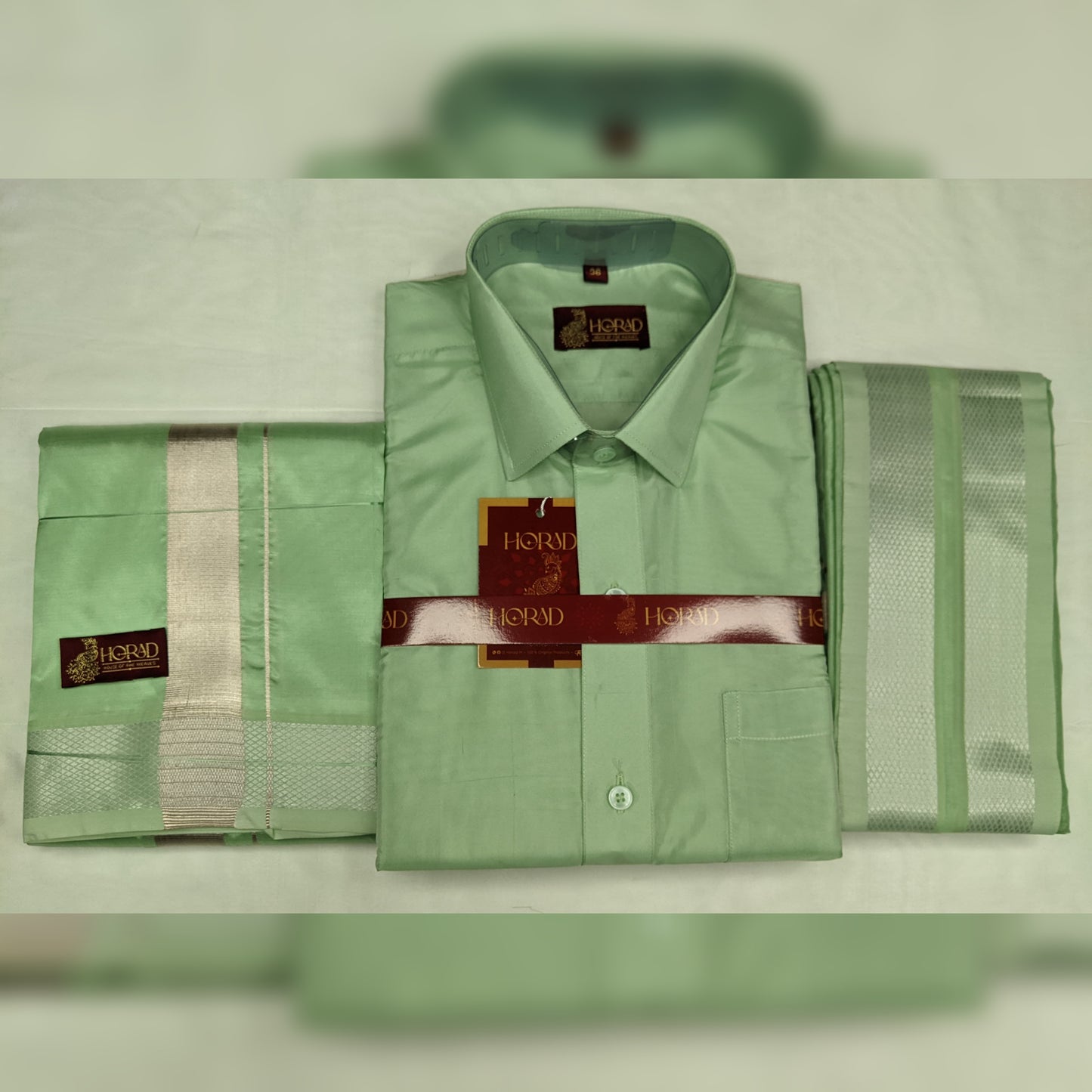 Horad Premium Art Silk Pista Green Shirt + Dhoti + Angavastram