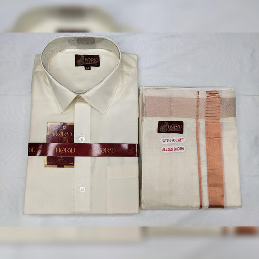 Horad Premium Art Silk Cream Shirt + Copper Zari Welcro Dhoti