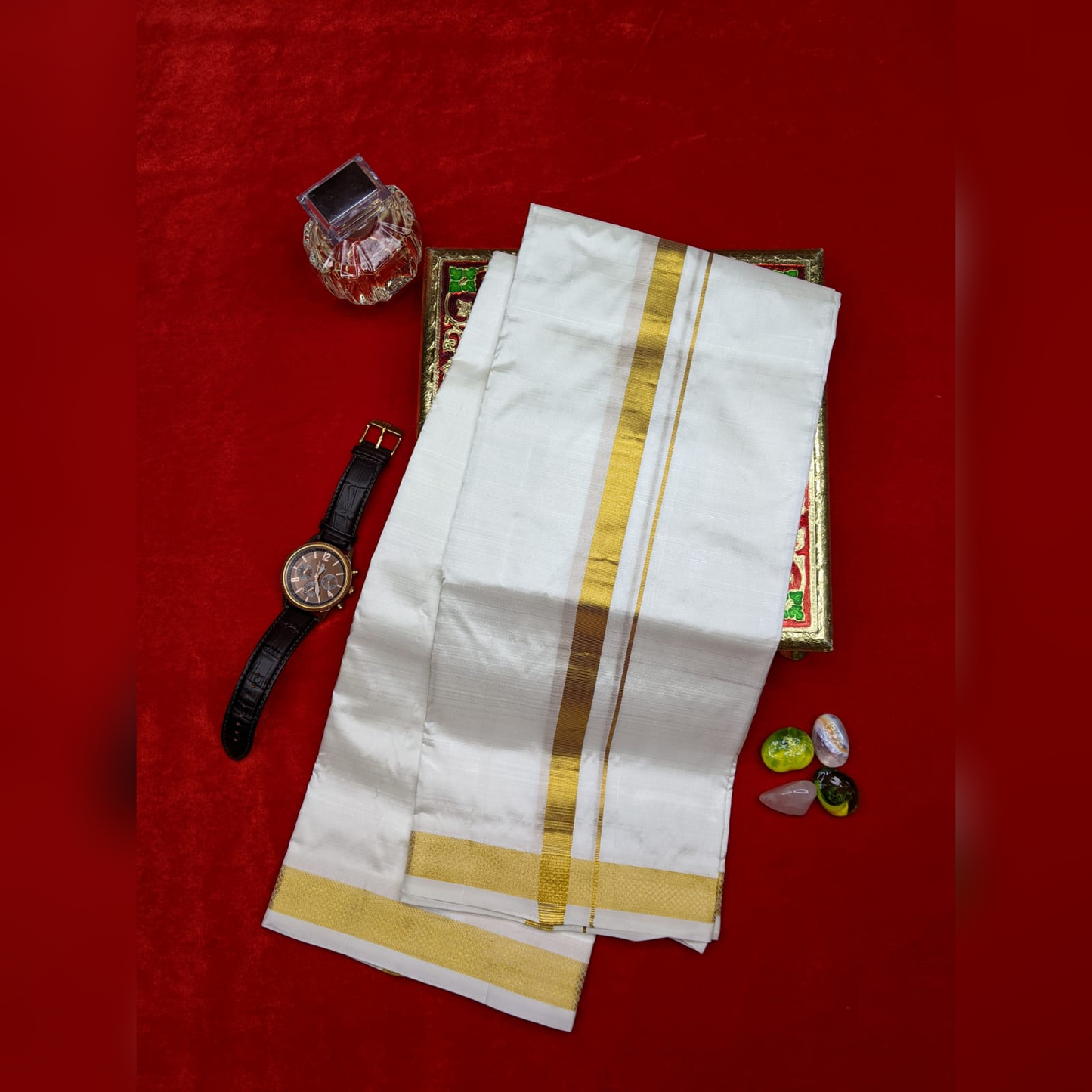 Horad Pure Silk Cream 0.75” Dhoti + Shirt Material