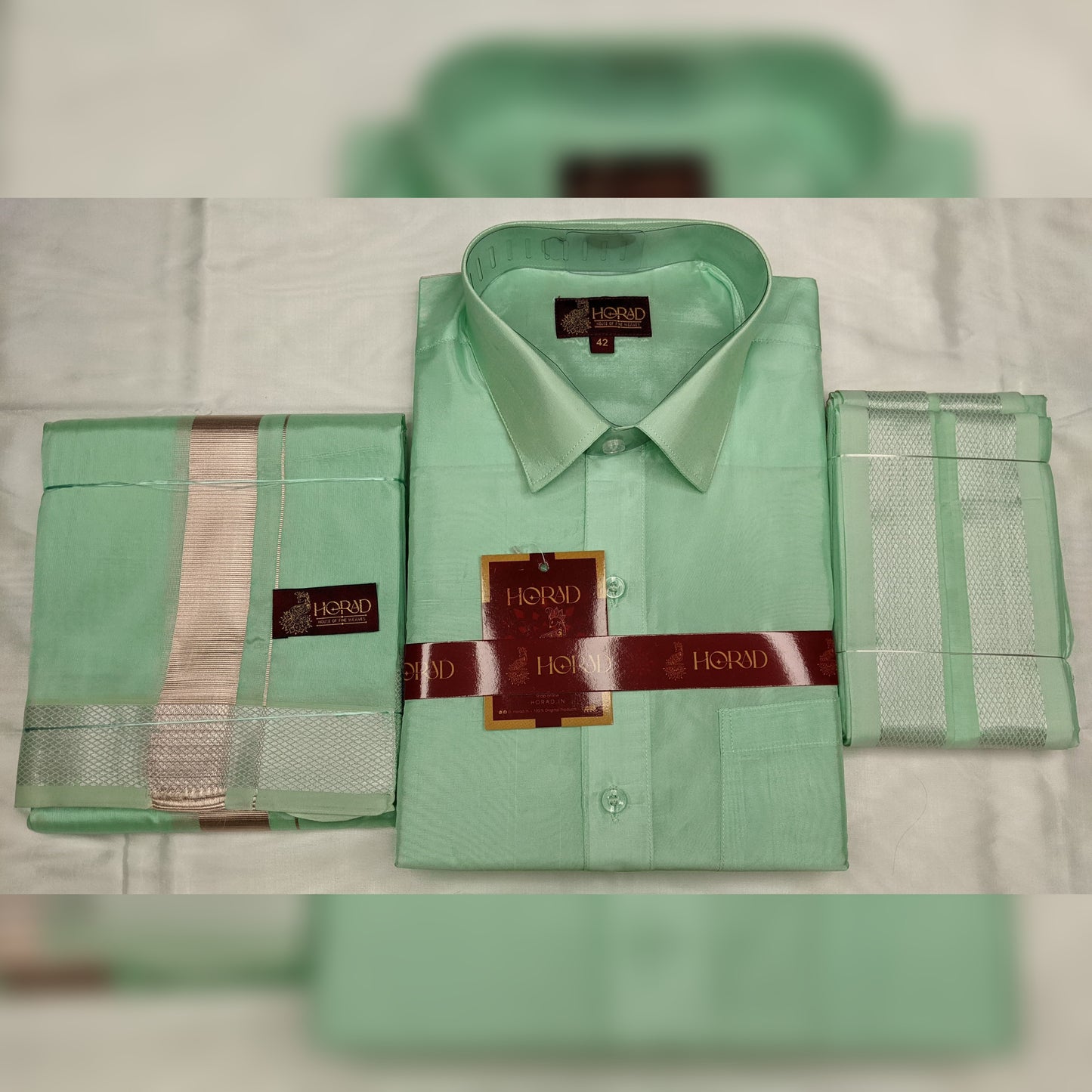 Horad Premium Art Silk ML.Green Shirt + Dhoti + Angavastram