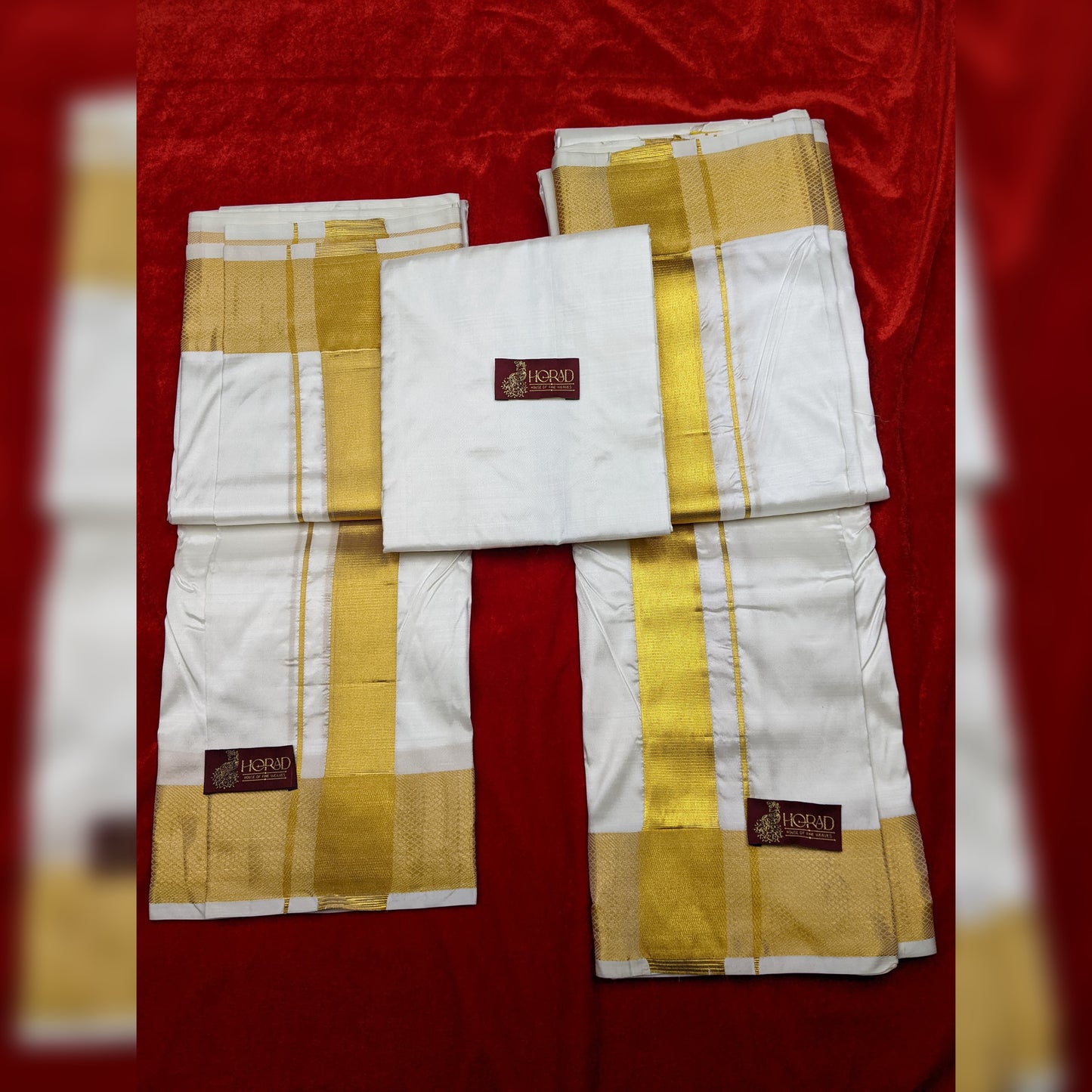 Horad Silk Blend Cream 2.50” Dhoti + Shirt Material + Angavastram