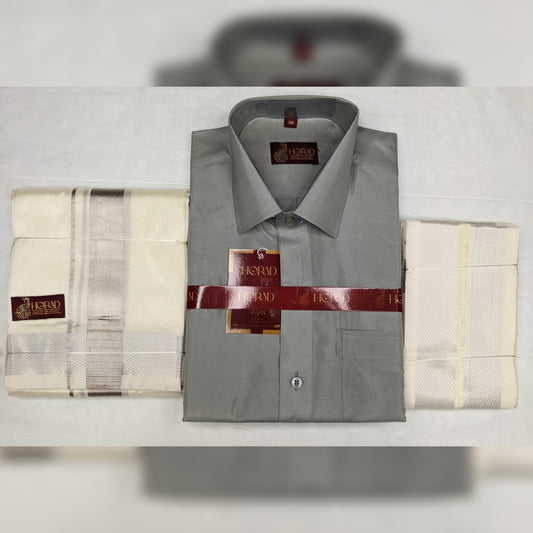 Horad Premium Art Silk Steel Grey Shirt + Silver Zari Dhoti + Angavastram