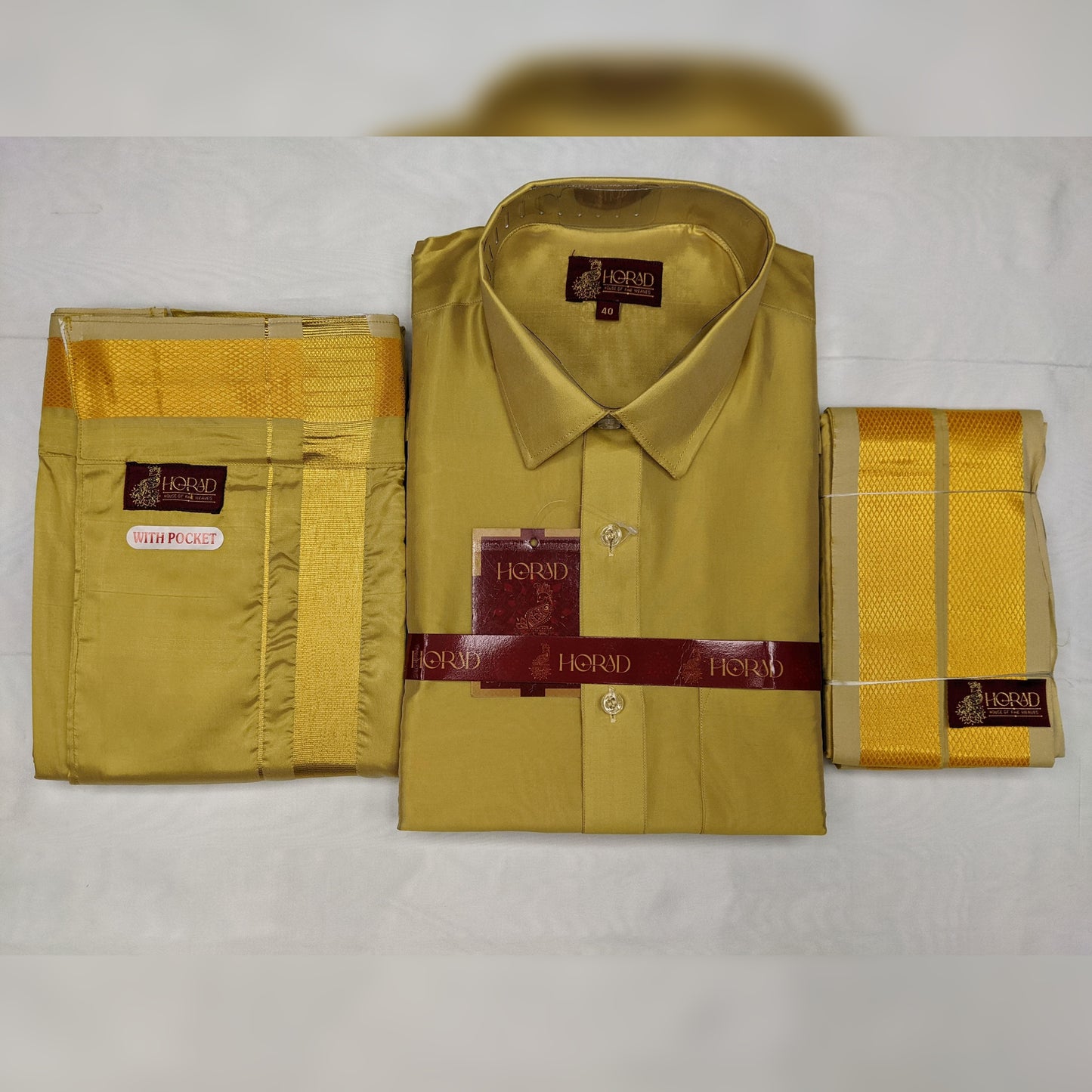 Horad Premium Art Silk Dark Gold Shirt + Welcro Dhoti + Angavastram