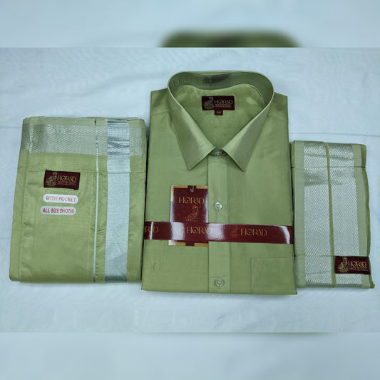 Horad Premium Art Silk FIR.Green Shirt + Welcro Dhoti + Angavastram