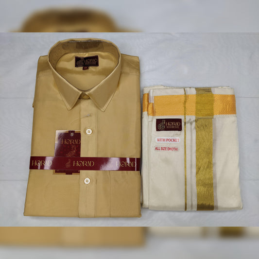 Horad Premium Art Silk Light Gold Shirt + Gold Zari Welcro Dhoti