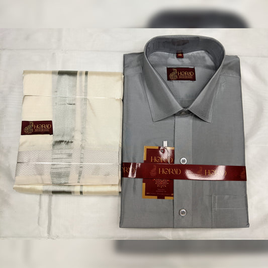 Horad Premium Art Silk Light Grey Shirt + Silver Zari Dhoti