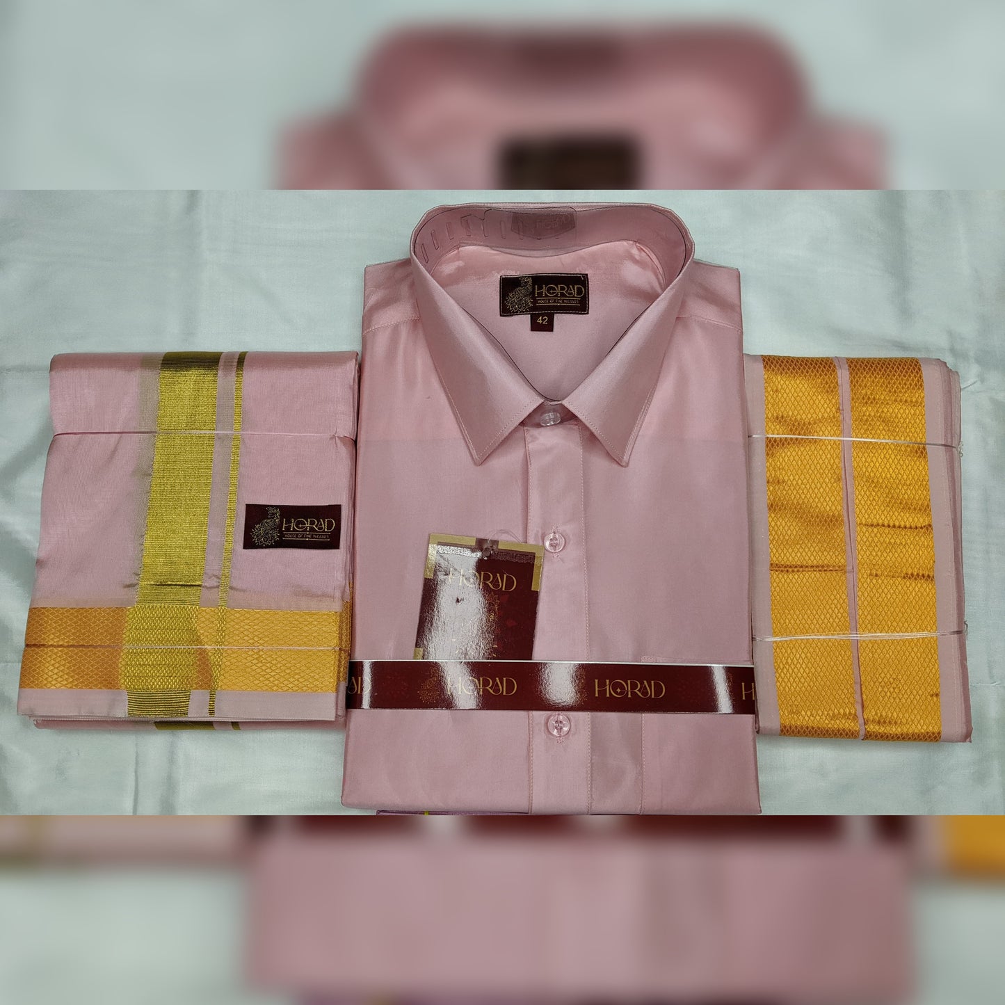 Horad Premium Art Silk Petal Pink Shirt + Dhoti + Angavastram