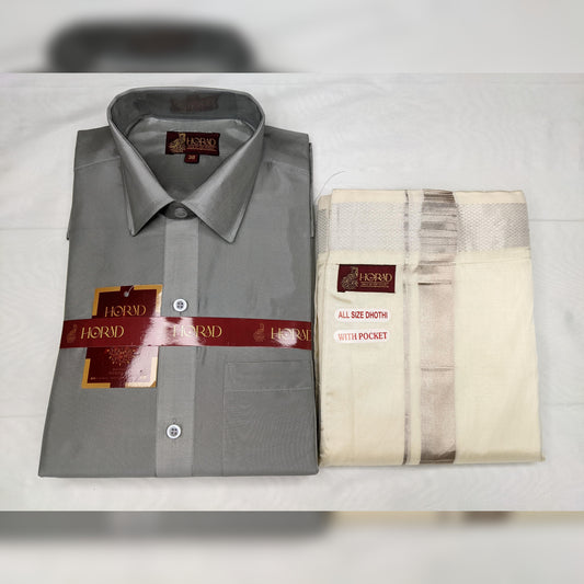 Horad Premium Art Silk Steel Grey Shirt + Silver Zari Welcro Dhoti