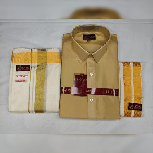 Horad Premium Art Silk Light Gold Shirt + Gold Zari Welcro Dhoti + Angavastram