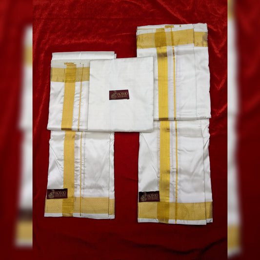 Horad Silk Blend Cream 1.50” Dhoti + Shirt Material + Angavastram