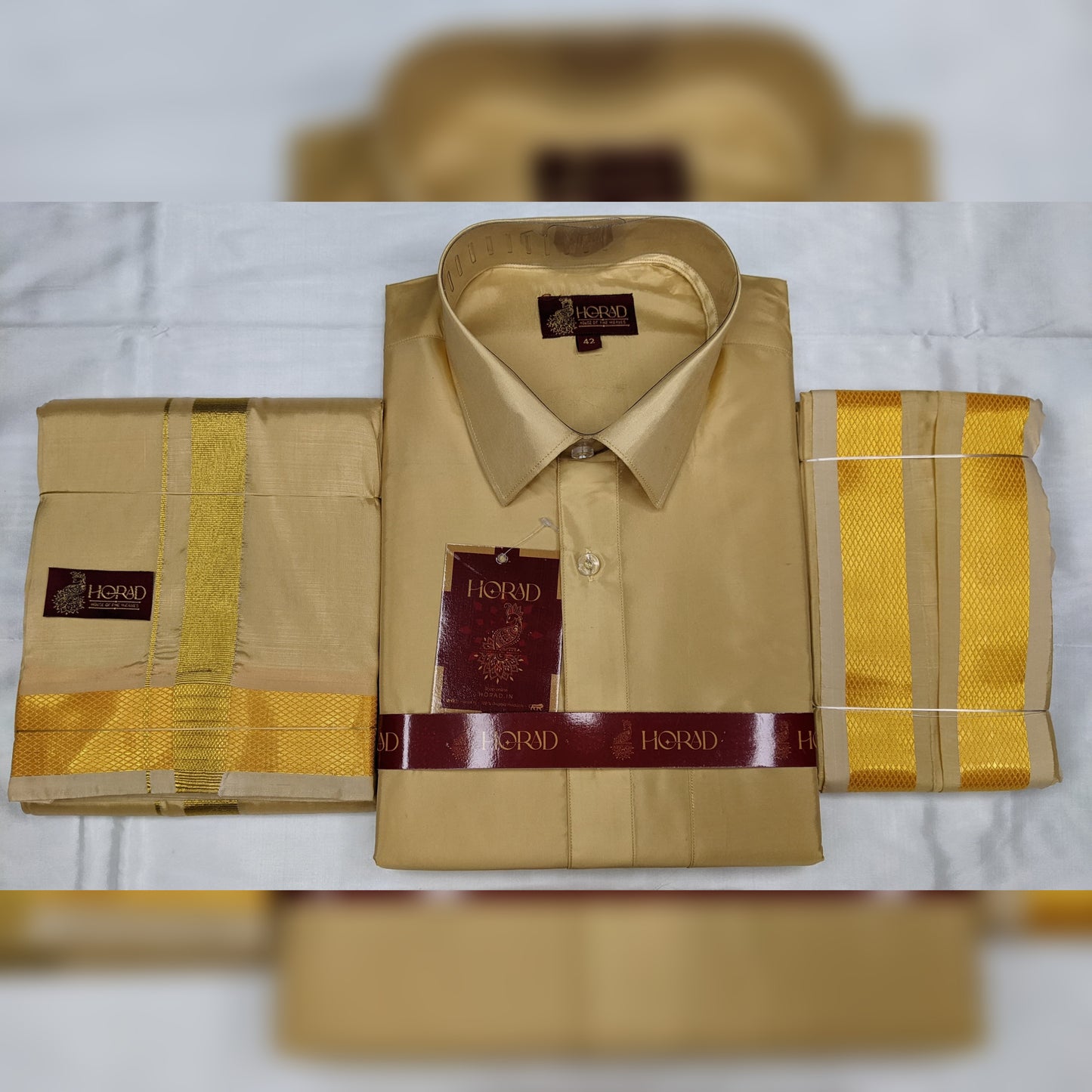 Horad Premium Art Silk Light Gold Shirt + Dhoti +  Angavastram