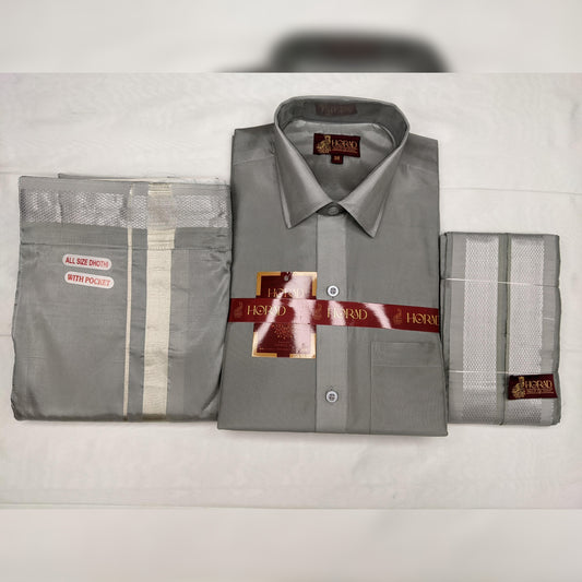 Horad Premium Art Silk Steel Grey Shirt + Welcro Dhoti + Angavastram