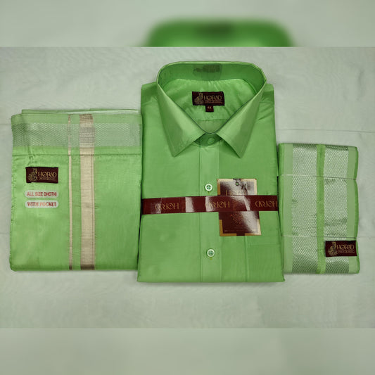 Horad Premium Art Silk Apple Green Shirt + Welcro Dhoti + Angavastram