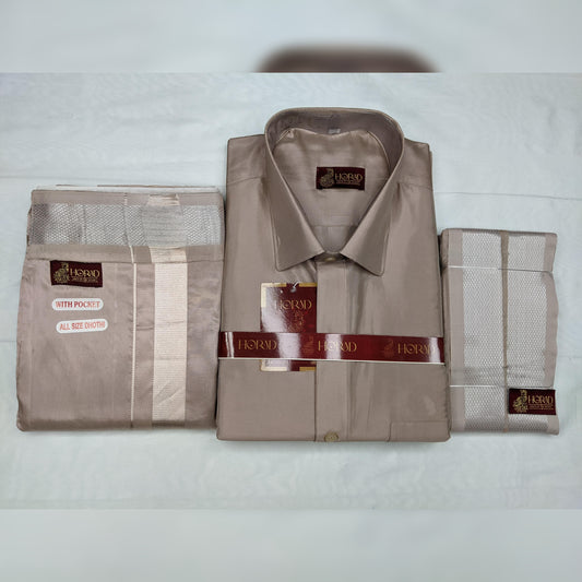 Horad Premium Art Silk Sandstone Shirt + Welcro Dhoti + Angavastram