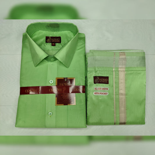 Horad Premium Art Silk Apple Green Shirt + Welcro Dhoti