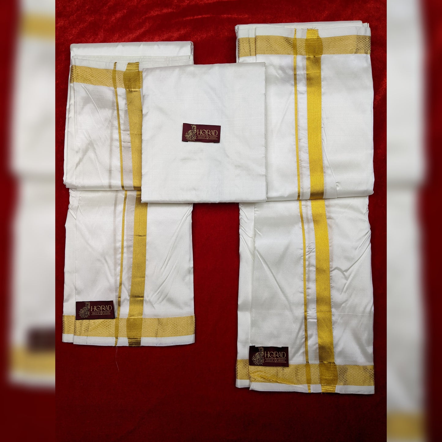 Horad Silk Blend Cream 0.75” Dhoti + Shirt Material + Angavastram