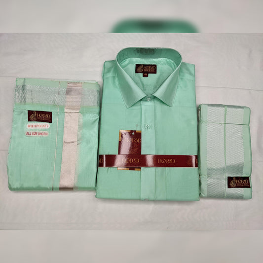 Horad Premium Art Silk ML.Green Shirt + Welcro Dhoti + Angavastram