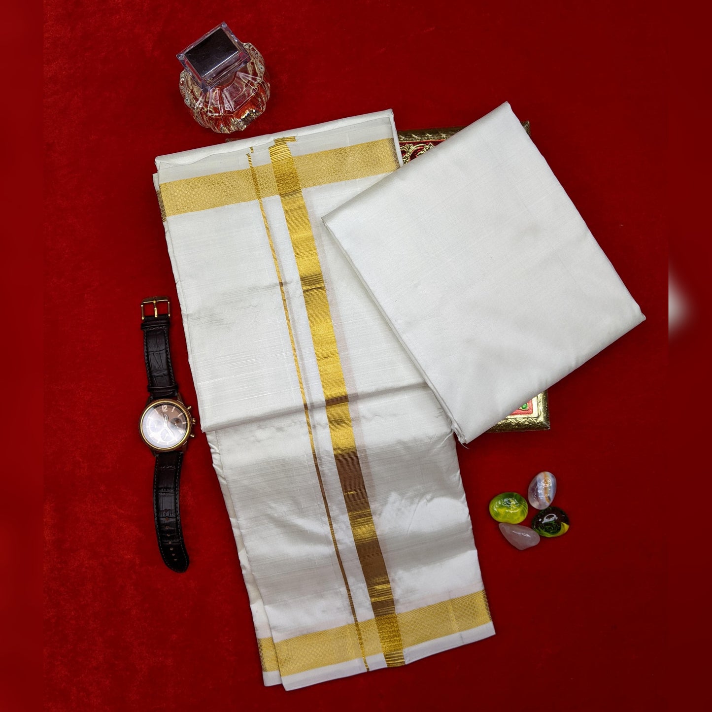 Horad Pure Silk Cream 0.75” Dhoti + Shirt Material