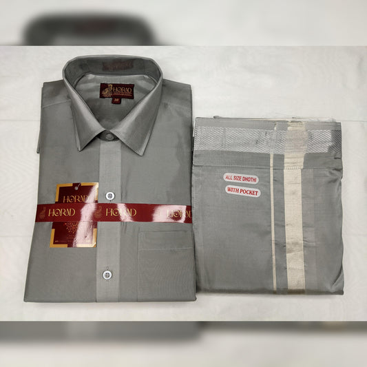 Horad Premium Art Silk Steel Grey Shirt + Welcro Dhoti