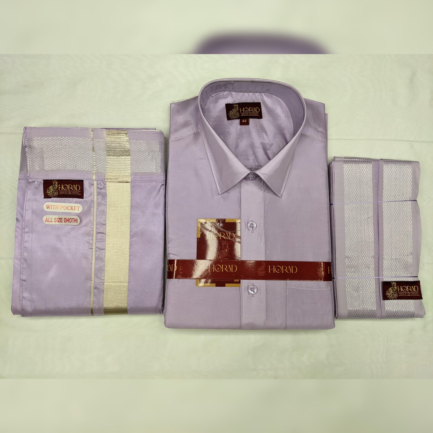 Horad Premium Art Silk Lavender Shirt + Welcro Dhoti + Angavastram